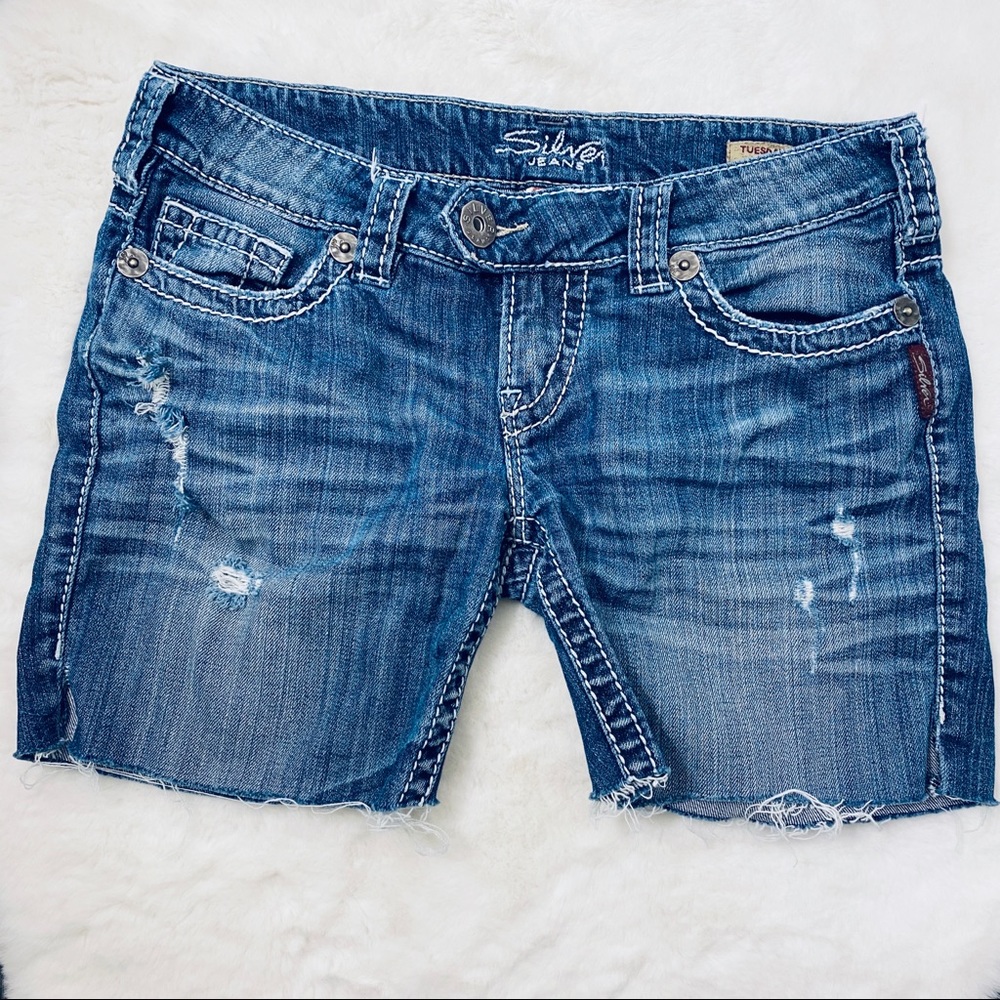 Silver Jeans Tuesday Capri Distressed Denim Shorts